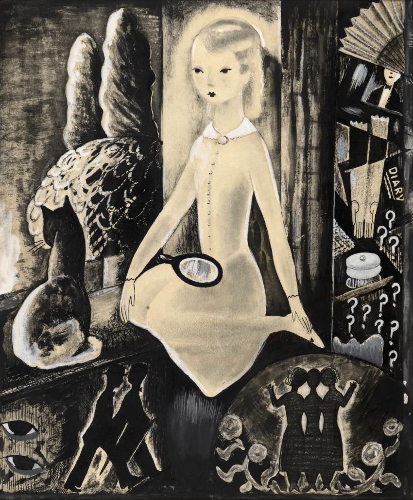 Painting of girl in room with mirror and black cat. 