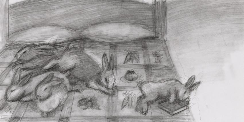 Sketch of bunnies sleeping on a bed. Four bunnies are huddled together, while one bunny rests closer to the bed's edge, holding a book. The bedspread is covered with a print of different vegetables.
