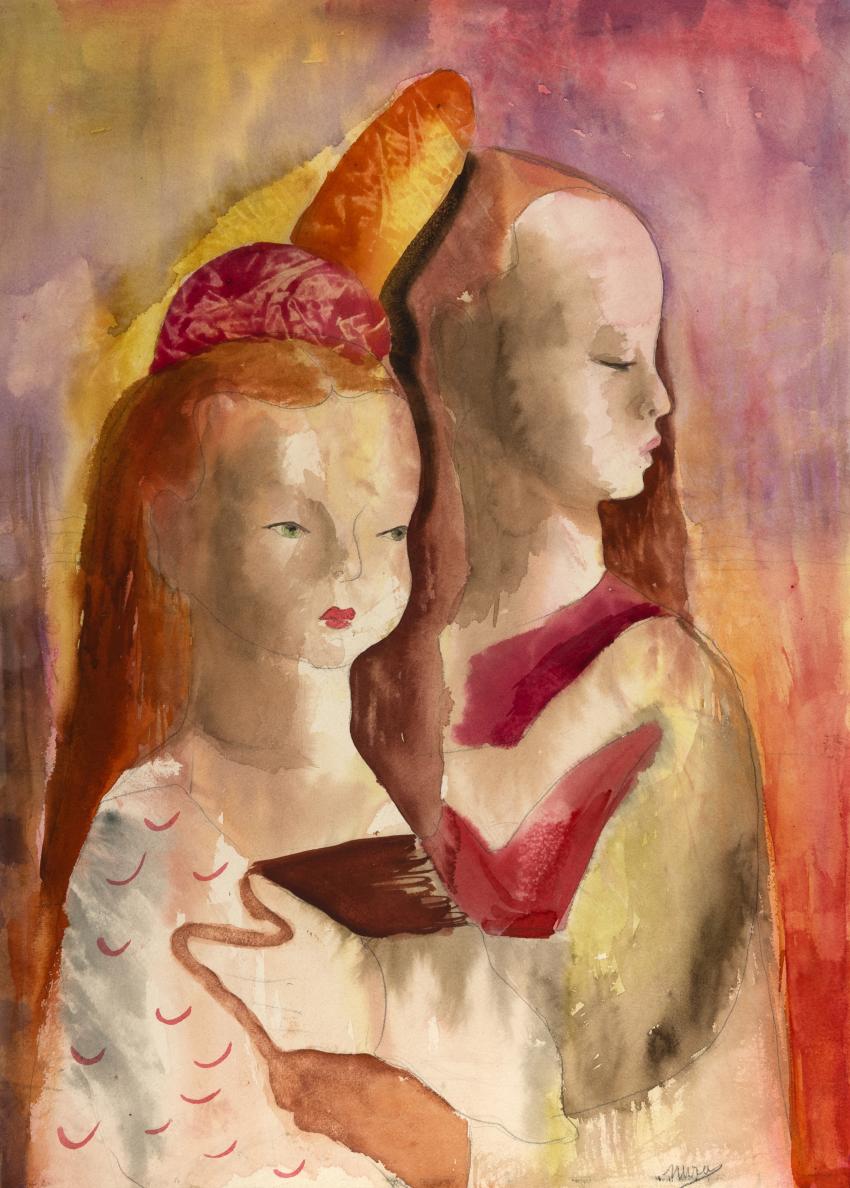 Painting of two grils posing for portrait.