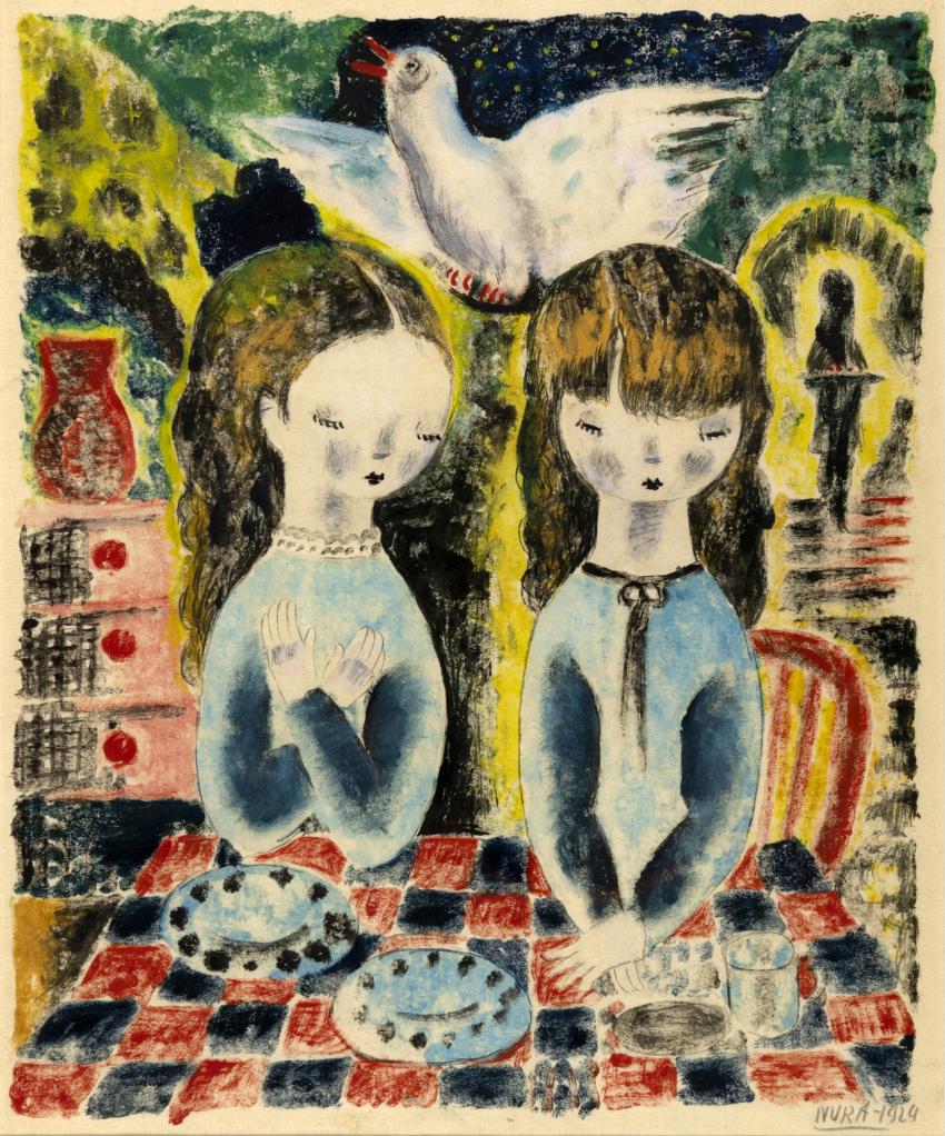 Painting of two girls at table.