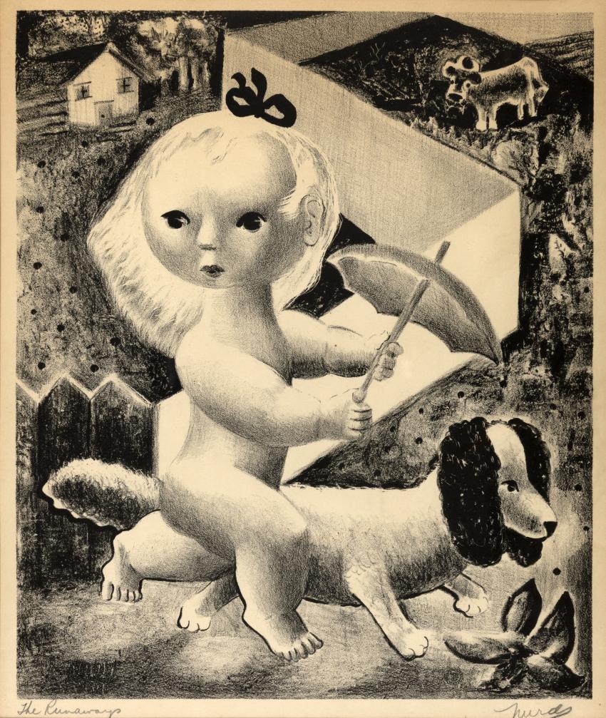 Lithograph of a girl with umbrella walking with dog.