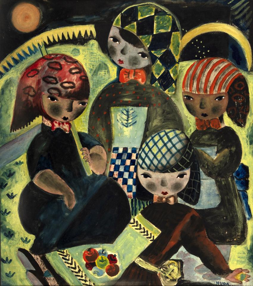Painting of four girls wearing scarves.