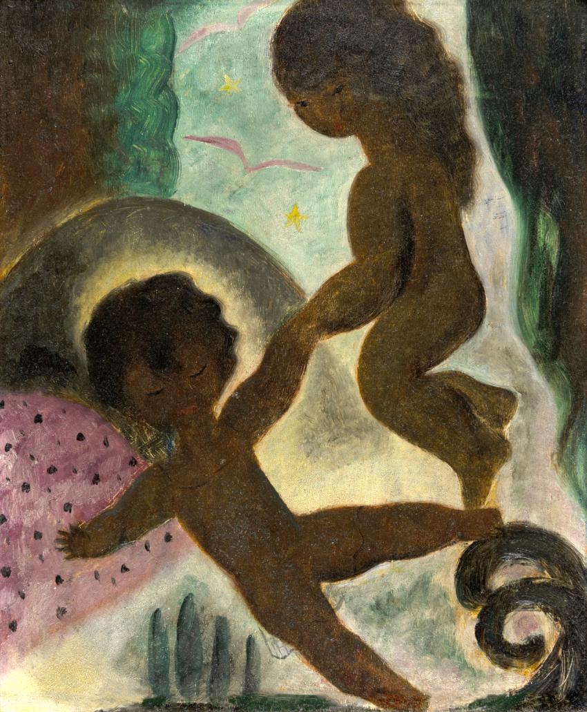 Painting of two children floating in abstract landscape.