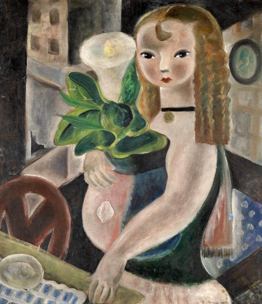 Painting of girl holding large white lily sitting at table. 