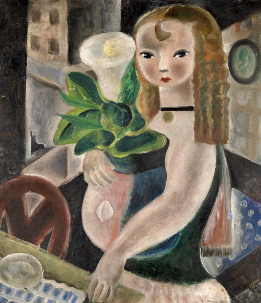 Painting of girl holding large white lily sitting at table.