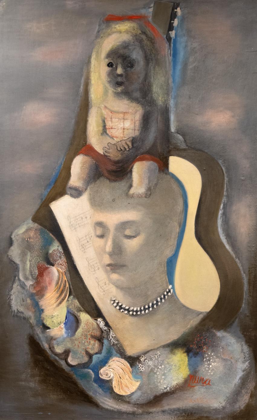 Surreal painting of woman with girl sitting on head in guitar form. 