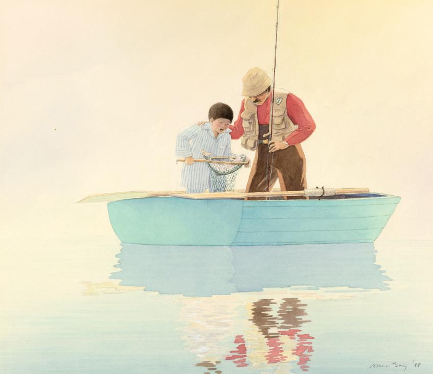 Illustration of man and child fishing on still water 