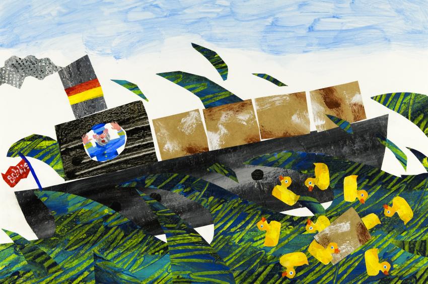 Illustration of ship in rough waters with rubber ducks gone overboard.
