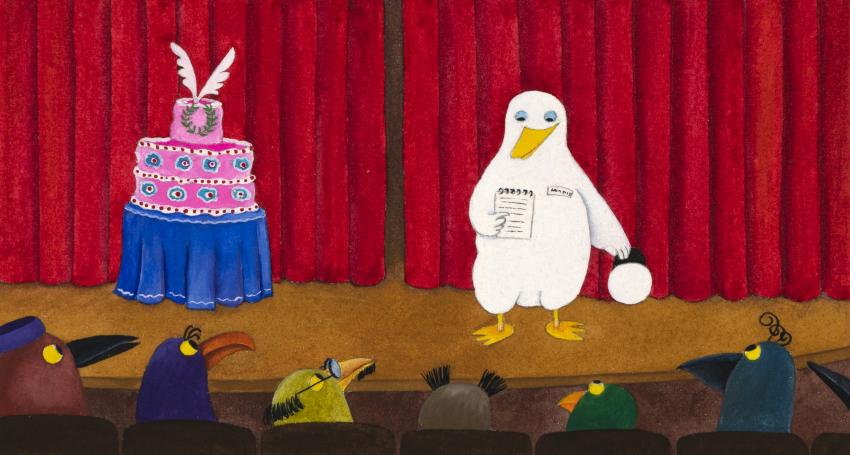 Illustration of duck on stage with pink cake. 