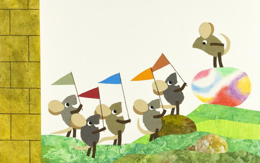 Illustration of mice holding flags. 