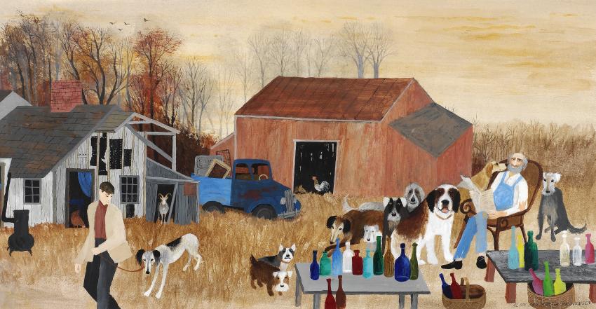 Illustration of lots of dogs and farmers sitting outside at table in front of barn. 