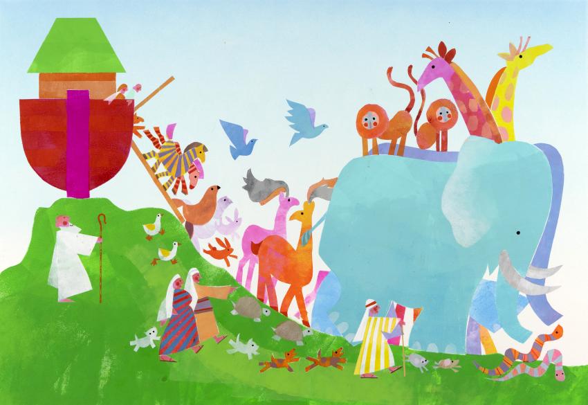 Illustration of brightly colored animals exiting an ark.