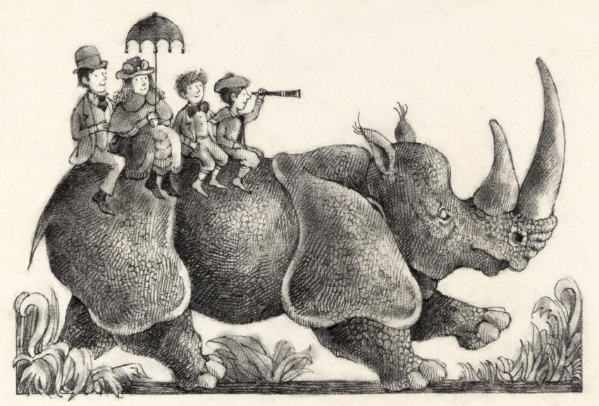 Illustration of people riding rhino. 