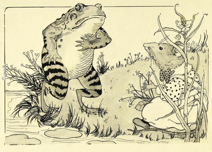 Illustration of mice and frog talking. 