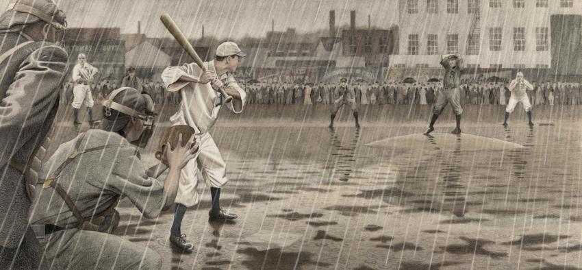 Illustration of baseball players in the rain. 