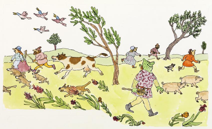 Illustration of Shrek walking through country side and animals and people running the other way. 