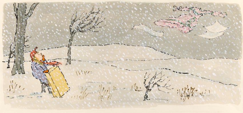 Illustration of person watching scarf blow away in snowstorm. 