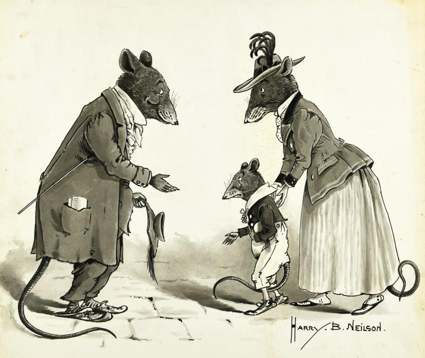 Illustration of two adult mice and child mice in raggedy clothes on street.