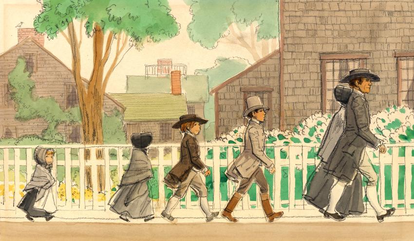 Illustration of family walking along white fence. 