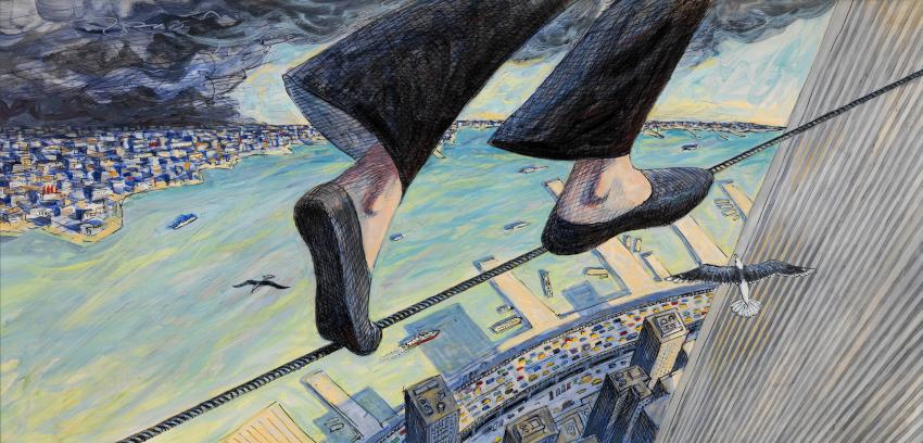 Illustration of feet on tightrope above city. 