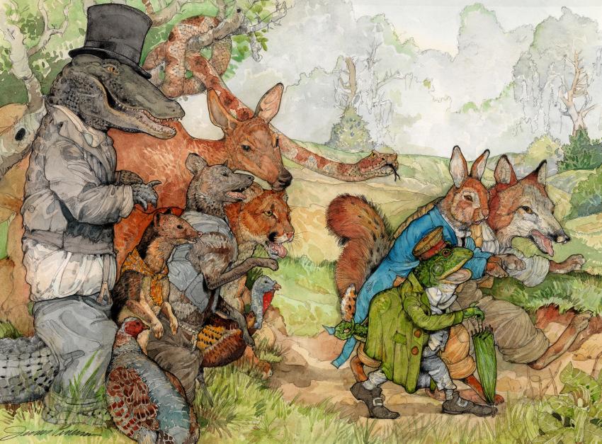 Illustration of animals in field.