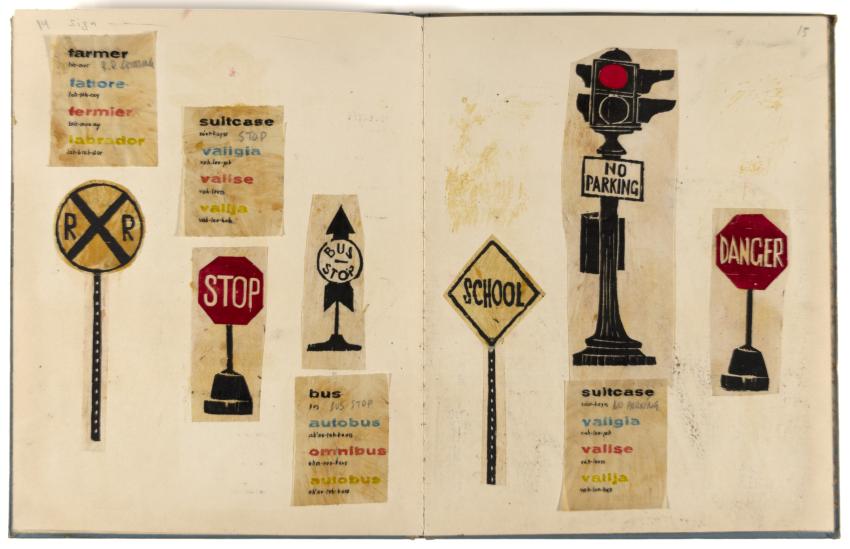 Book spread showing woodcuts of traffic signs.