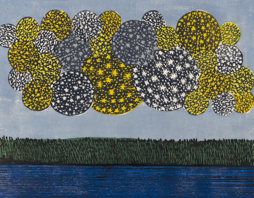 Illustration of surreal clouds over water.