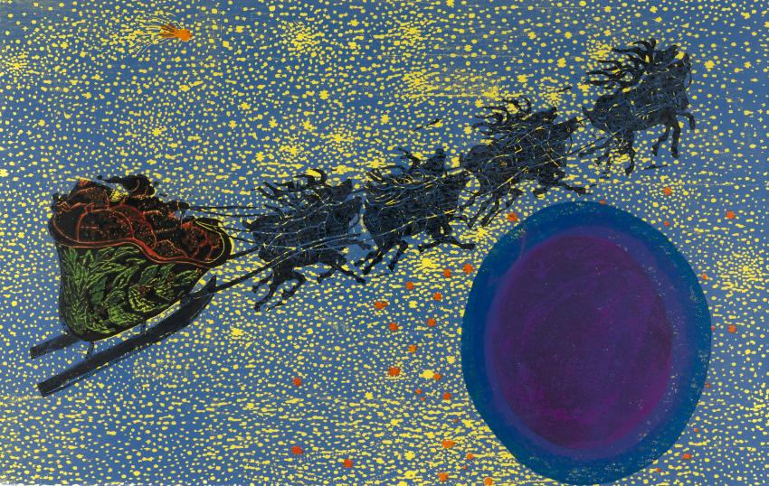 Illustration of Santa's sled flying through night sky. 