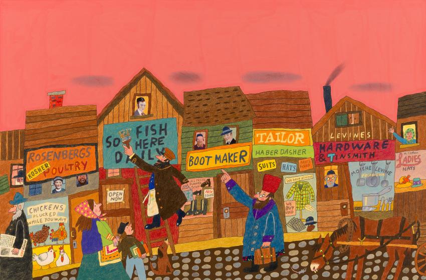 Illustration of houses along busy street.