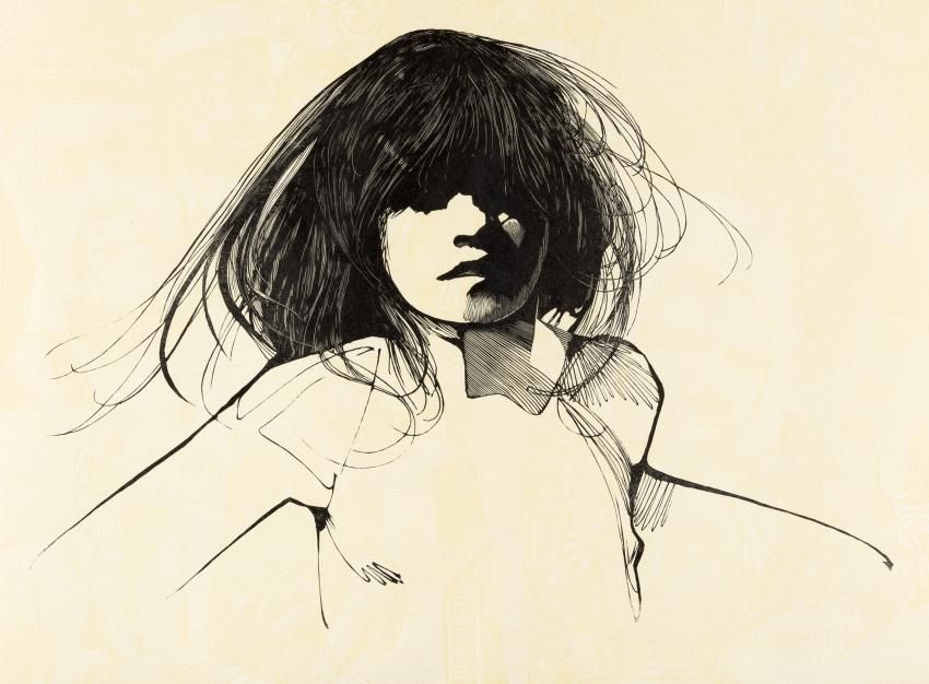 Illustration of girl with dark hair covering face.