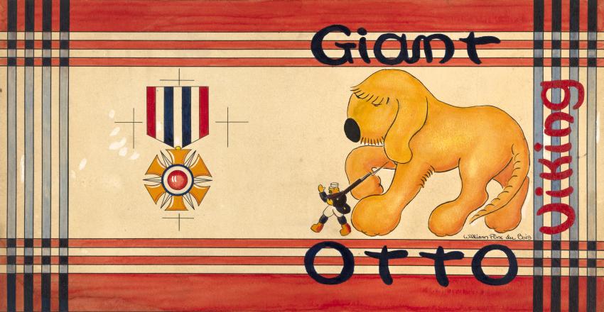 Illustration of giant dog with circus person on plaid background.