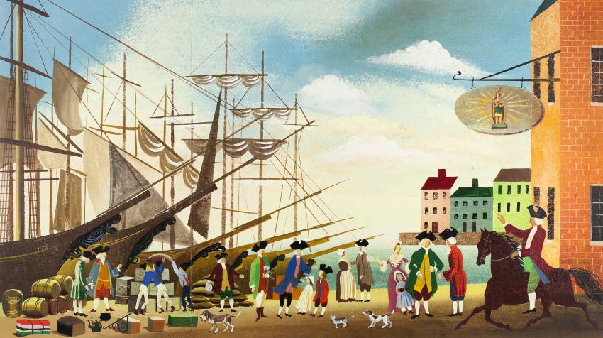 Illustration of colonial man riding horse in shipyard.