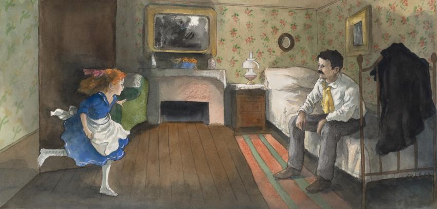 Illustration of girl running towards man sitting on bed.