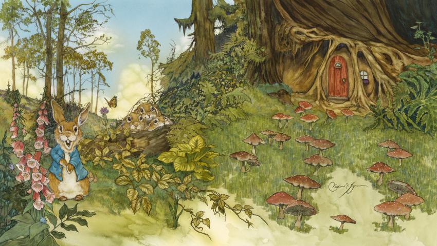 Illustration of rabbit in front of tree house.