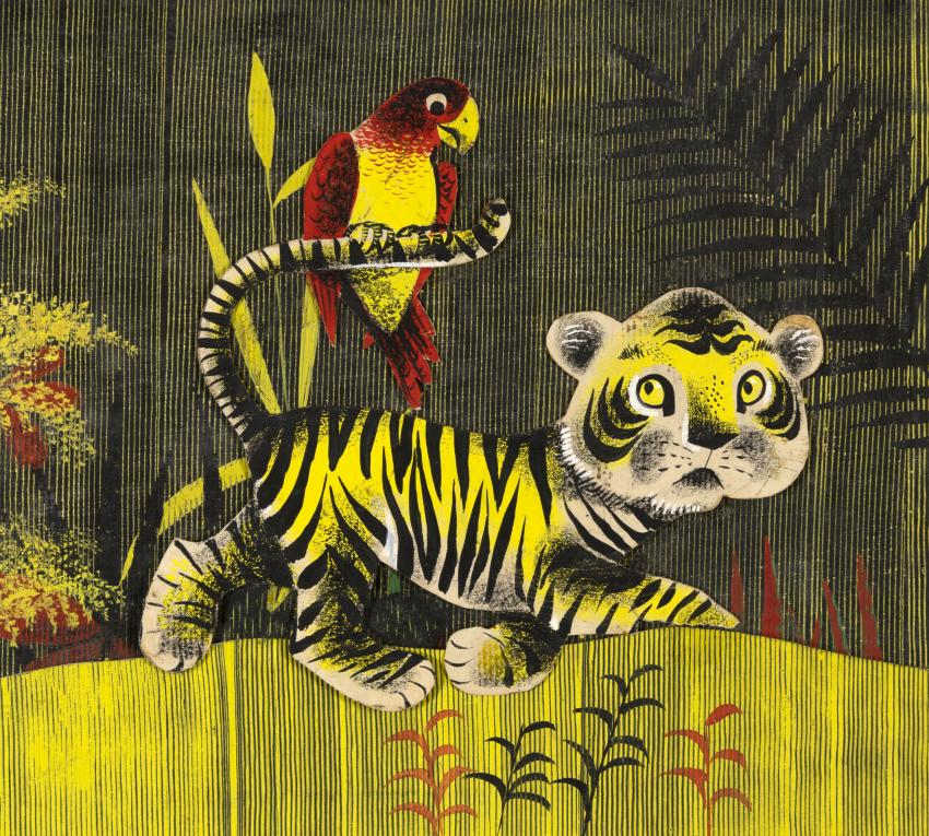 Illustration of baby tiger with parrot.
