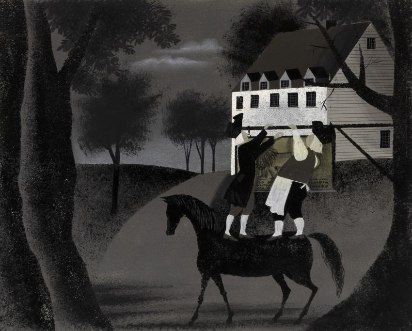 Illustration of colonial home at night with horse in front. 
