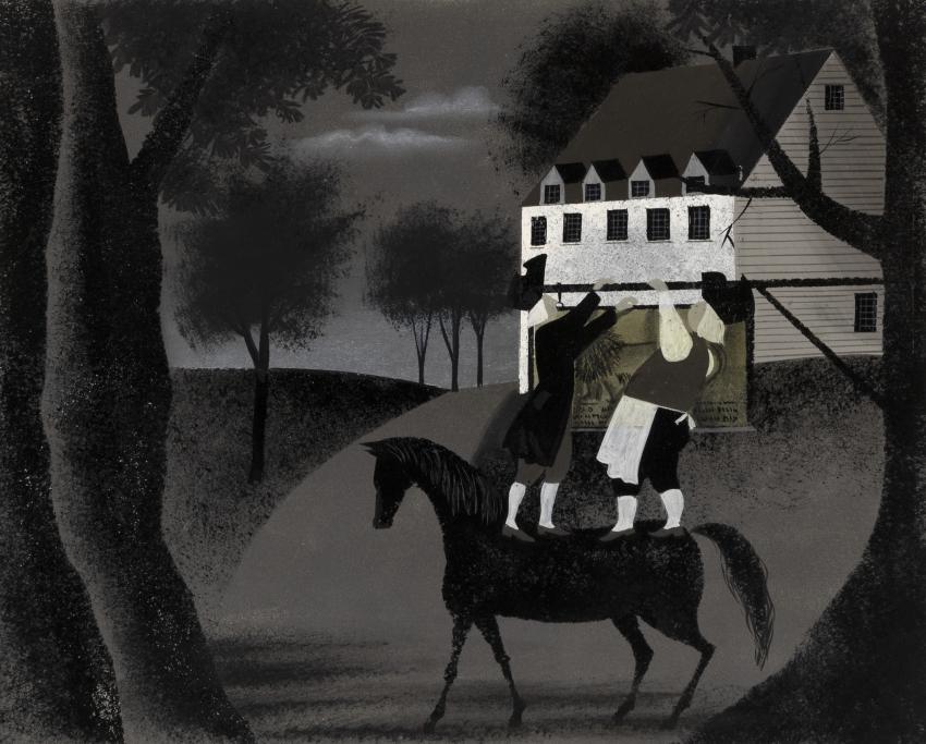 Illustration of colonial home at night with horse in front.