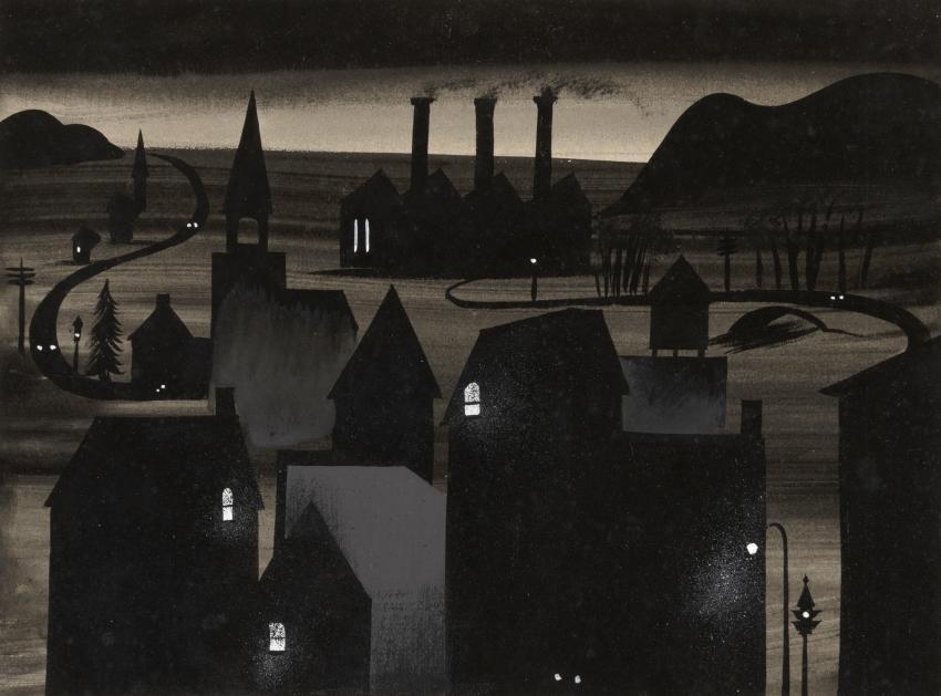 Illustration of houses at night.
