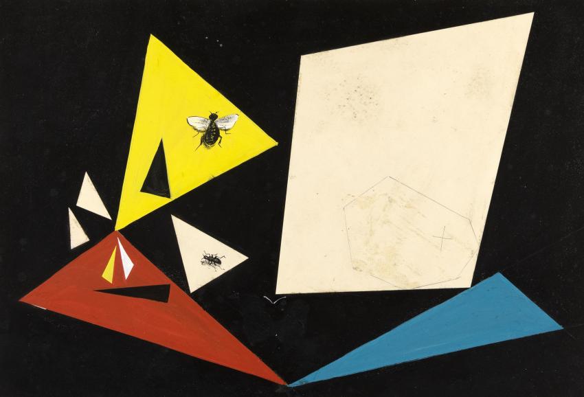 Illustration fo abstract shapes in yellow, blue, white, and red.