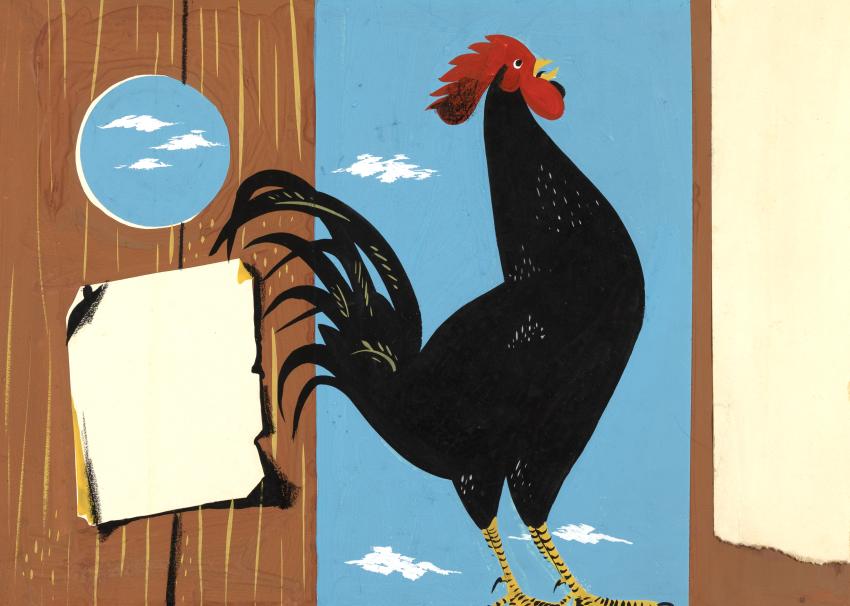 Illustration of chicken in barn.