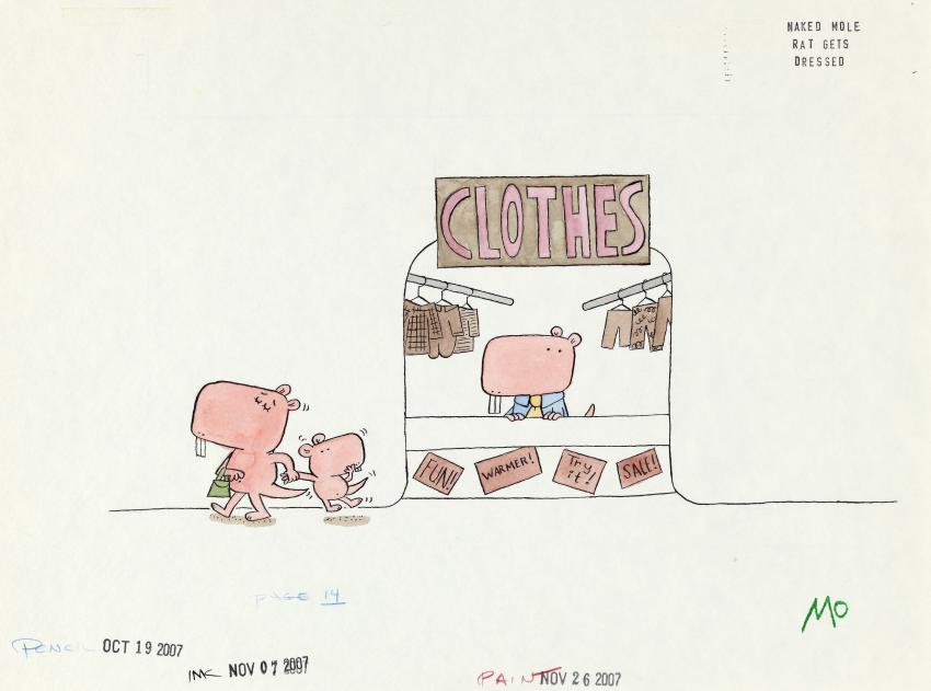Illustration of naked mole rats at clothing window.