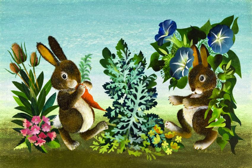 Illustration of two bunnies eating carrots.
