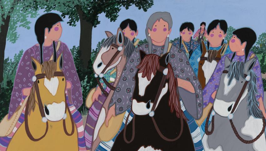 Illustration of women on horses. 