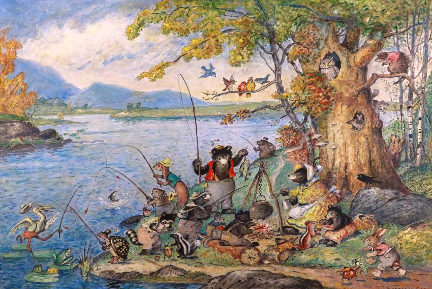 Illustration of a group of animals fishing in the woods.