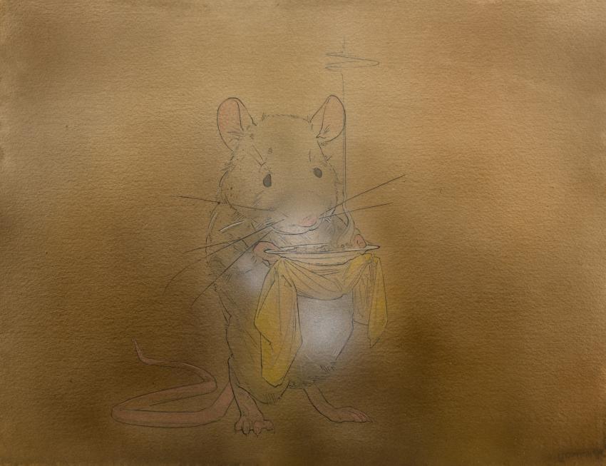 drawing of little mouse standing holding a plate of hot food