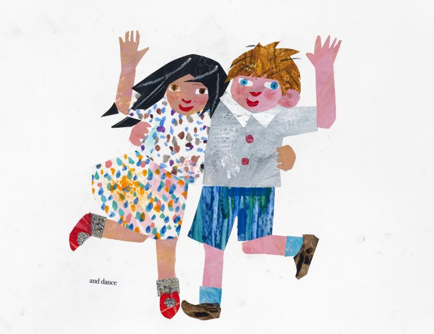Illustration of two friends hugging and waving. 