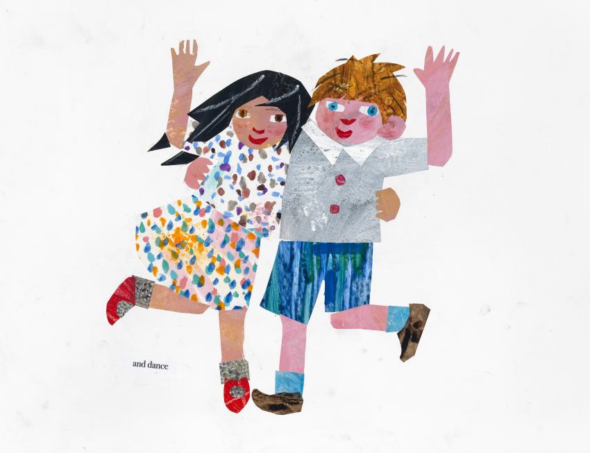 Illustration of two friends hugging and waving.