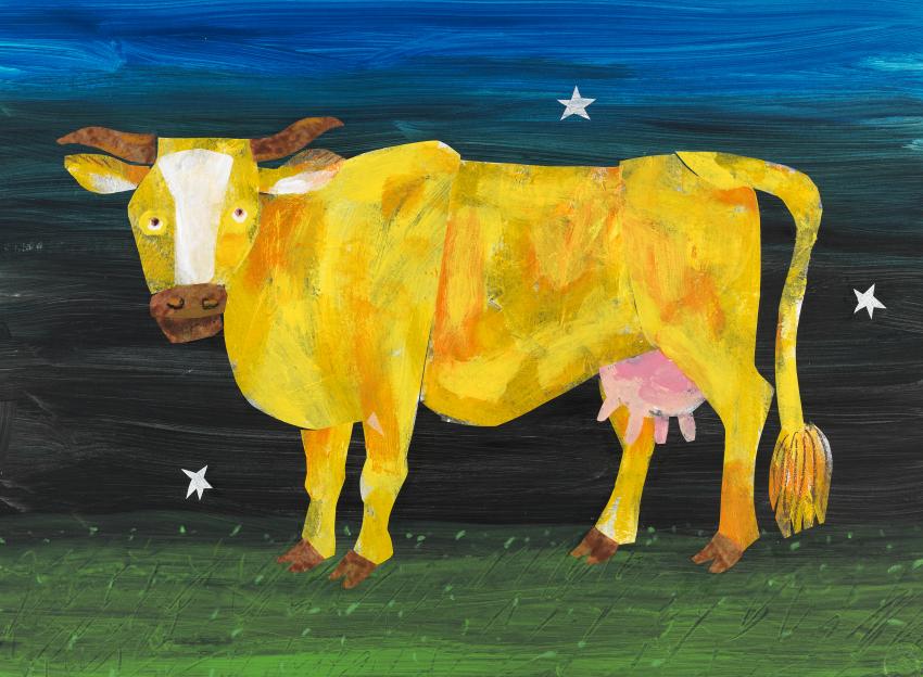 Illustration of yellow cow in night sky.