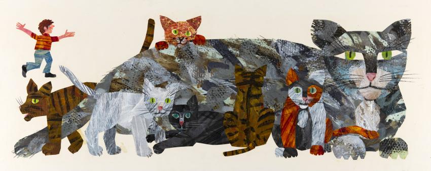 Illustration of large cat with lots of kittens.