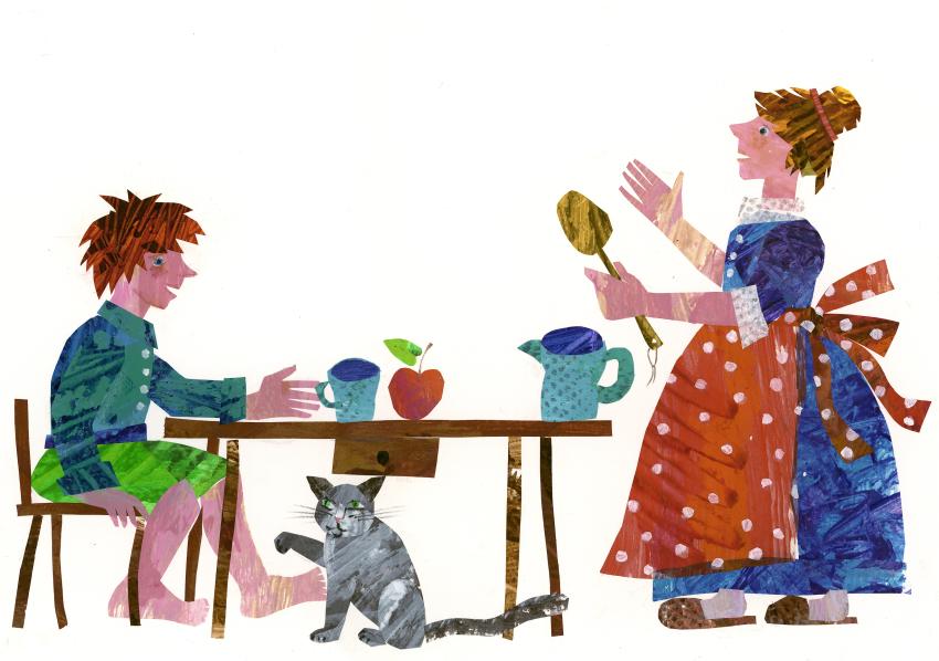 Illustration of woman serving pancakes to child and cat at table. 
